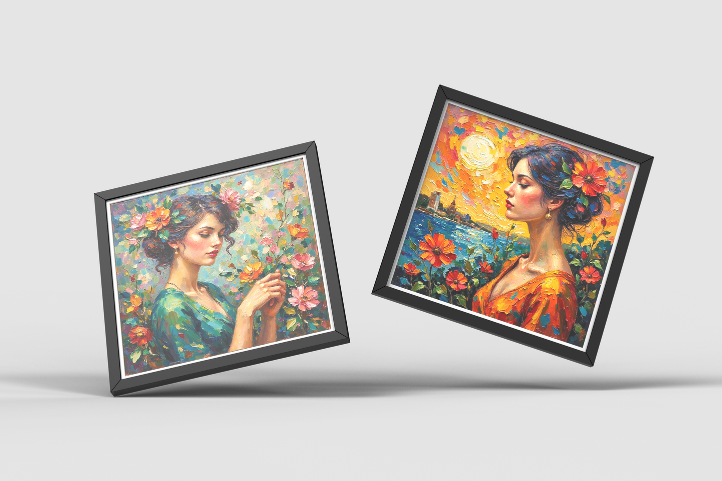Beautiful Women Art Nouveau Prints – Digital Wall Art Set of 4, Elegant Vintage Style, High-Res Square Art