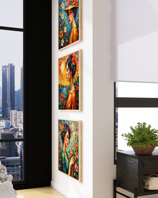 Beautiful Women Art Nouveau Prints – Digital Wall Art Set of 4, Elegant Vintage Style, High-Res Square Art