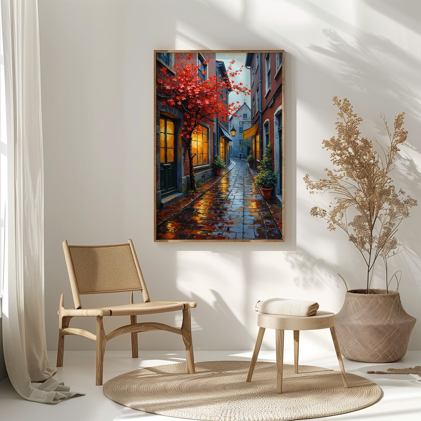 European City Street Art – Digital Oil Painting Set of 3, Fall Cobblestone Alley Prints, Instant Download