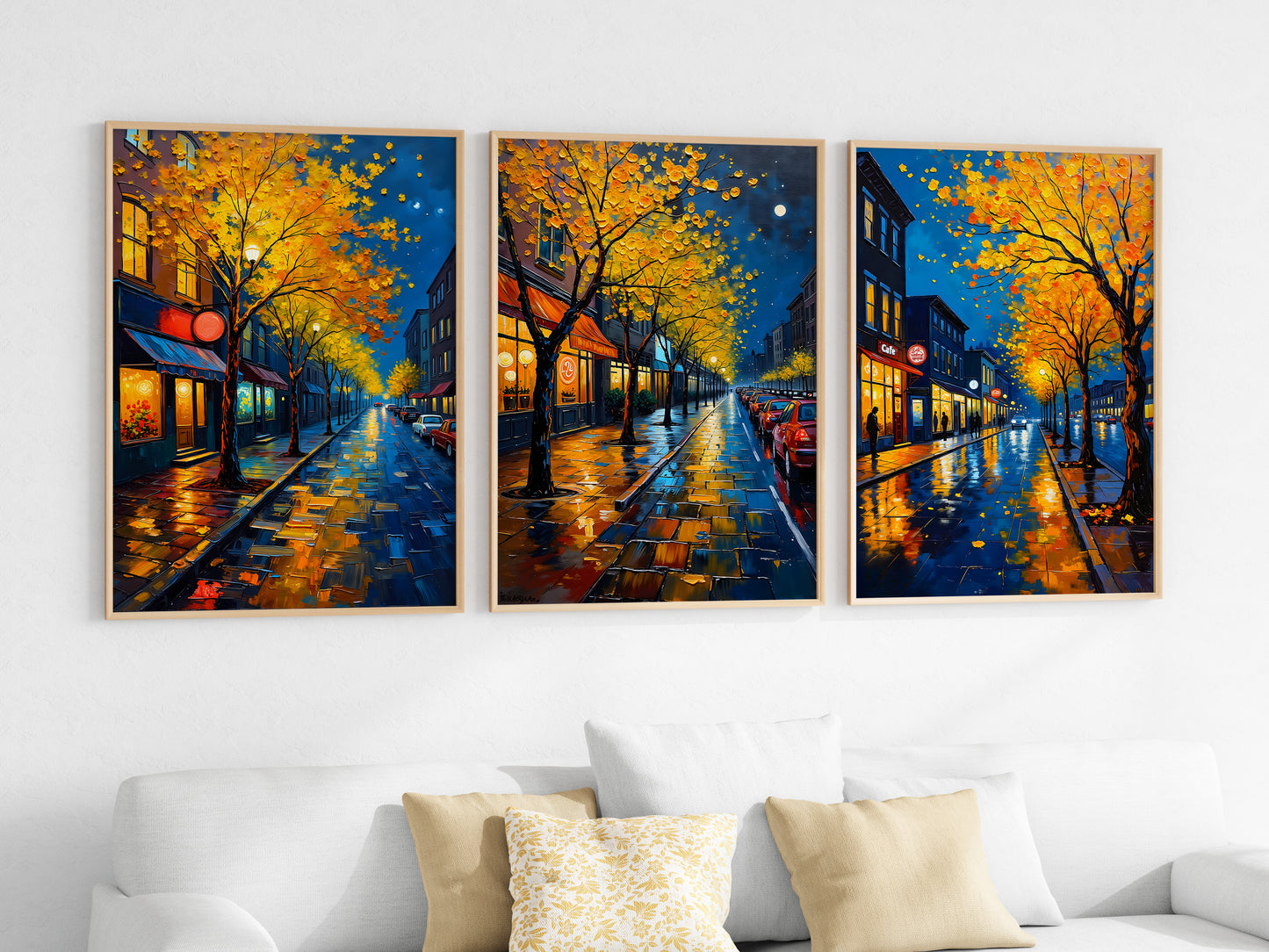 Night Street Wall Art – Digital Oil Painting Set of 3, Rainy Fall Season City Prints, Instant Download