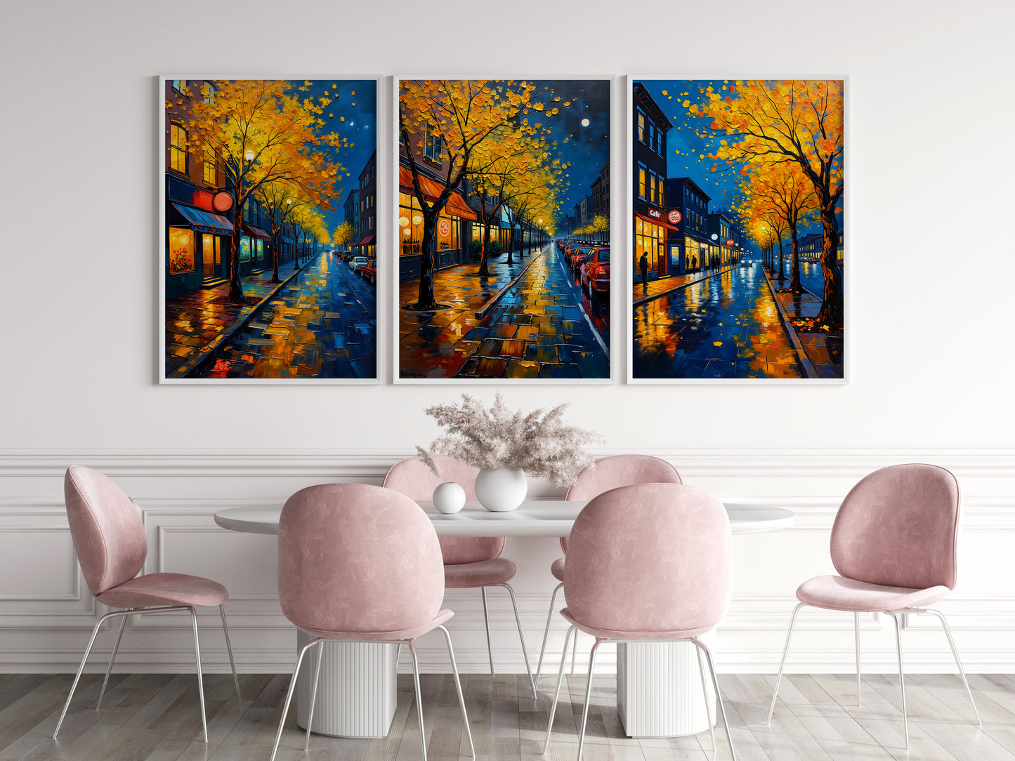 Night Street Wall Art – Digital Oil Painting Set of 3, Rainy Fall Season City Prints, Instant Download