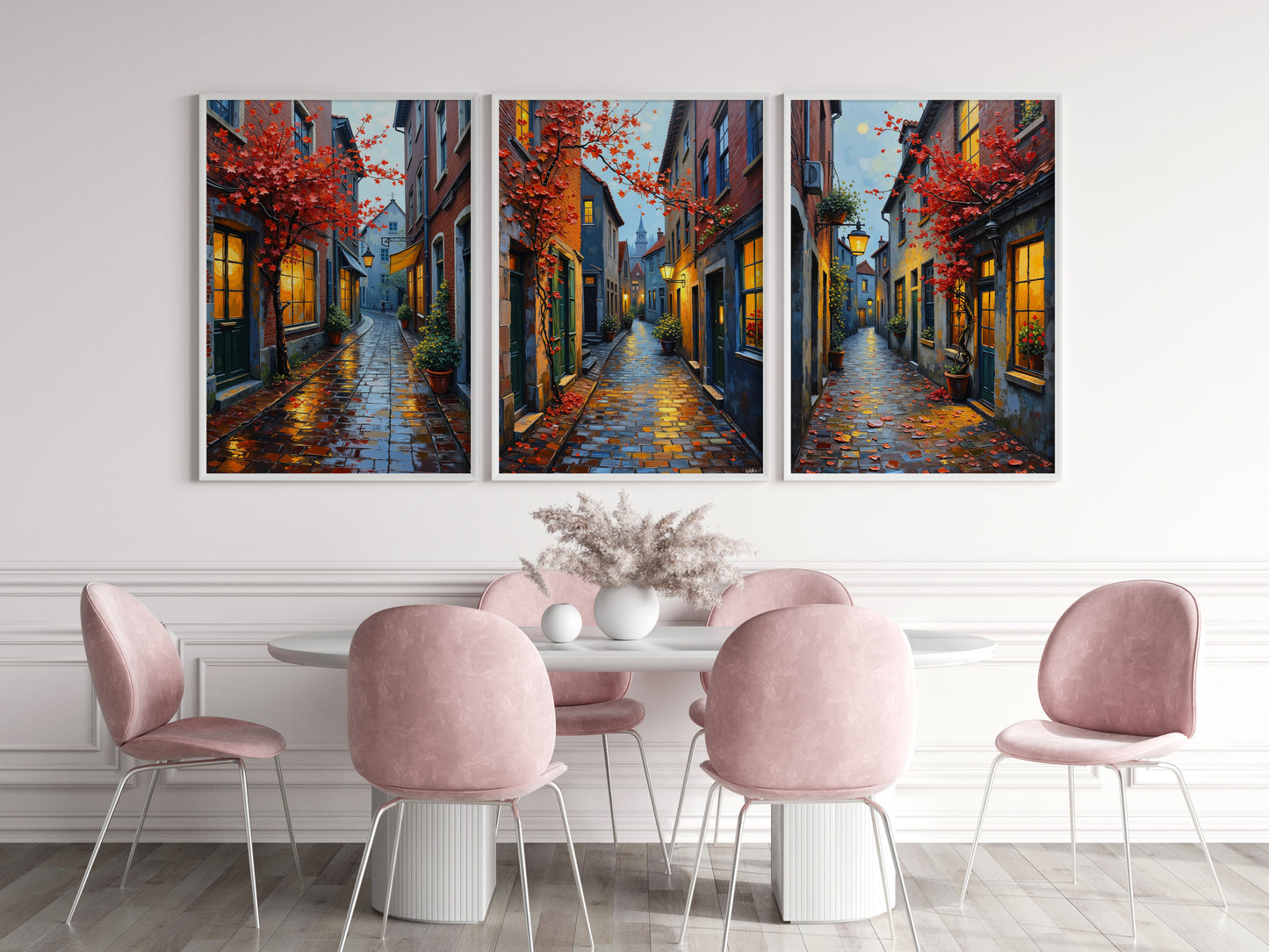 European City Street Art – Digital Oil Painting Set of 3, Fall Cobblestone Alley Prints, Instant Download