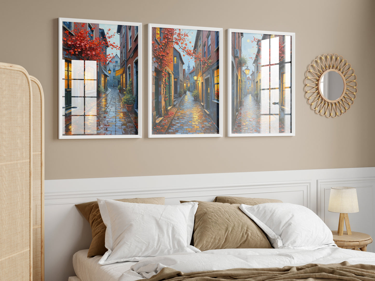 European City Street Art – Digital Oil Painting Set of 3, Fall Cobblestone Alley Prints, Instant Download