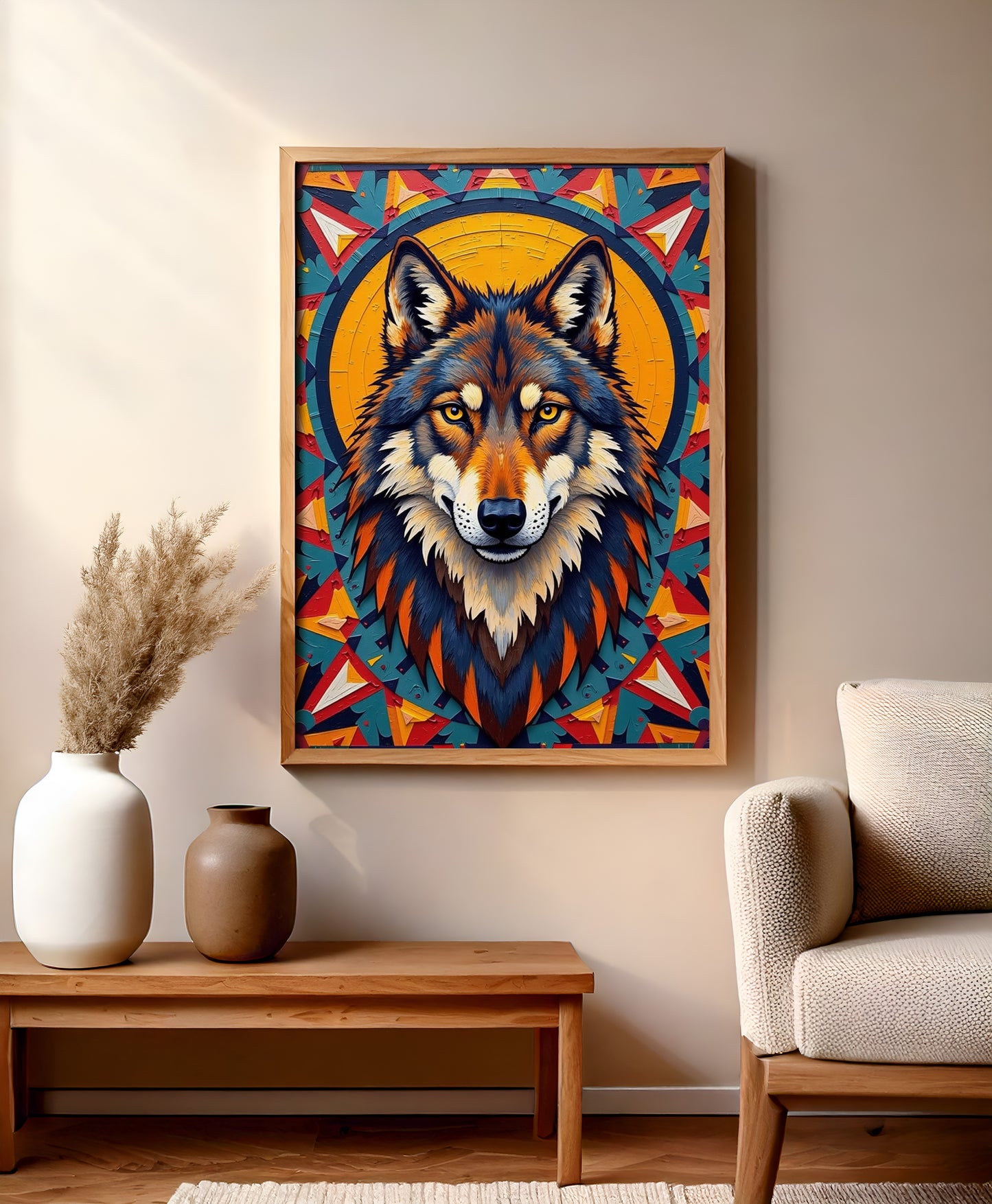 Wolf Geometric Art Print – Navajo-Inspired Wall Art, Bold Vector Design, Digital Download High-Res