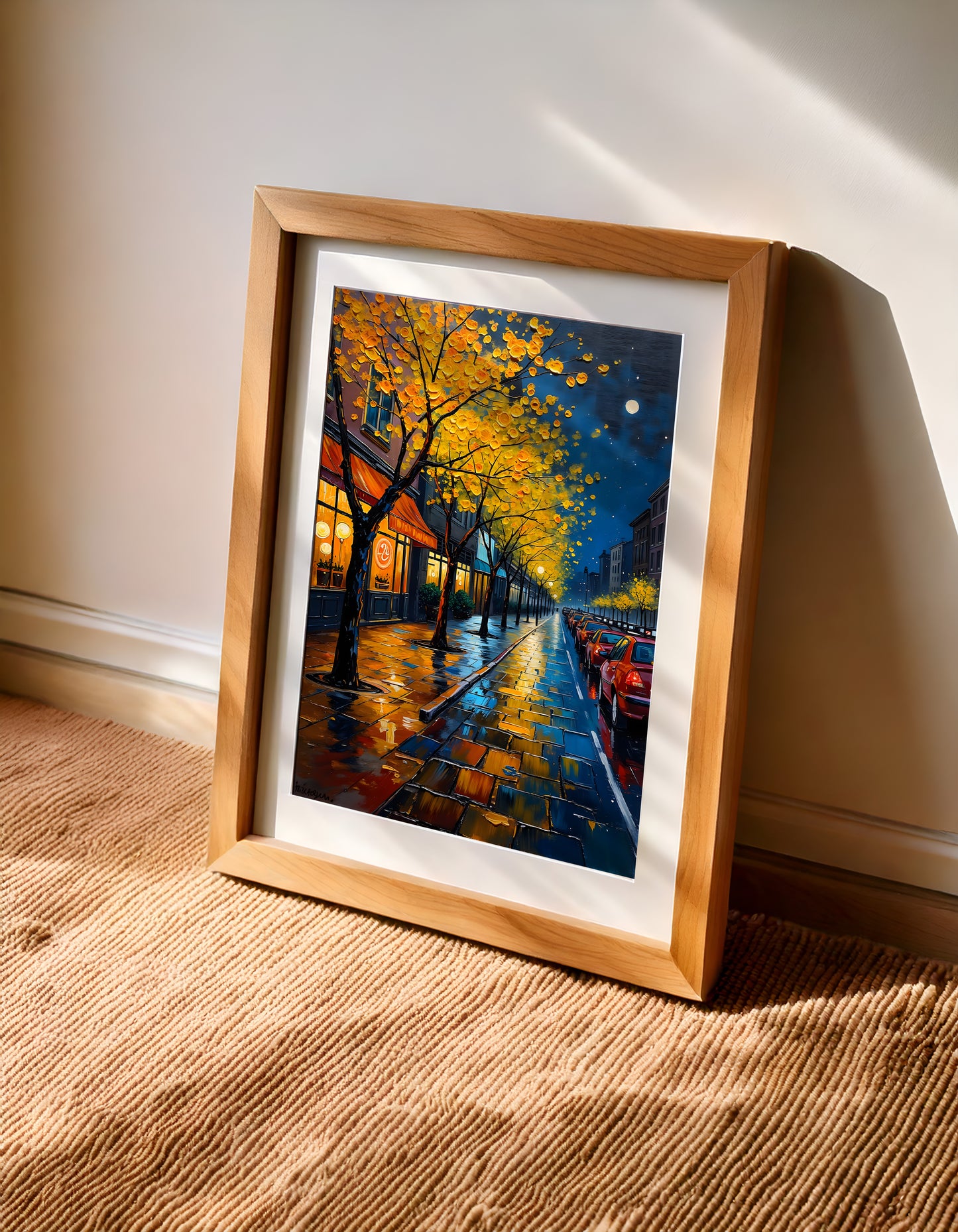 Night Street Wall Art – Digital Oil Painting Set of 3, Rainy Fall Season City Prints, Instant Download