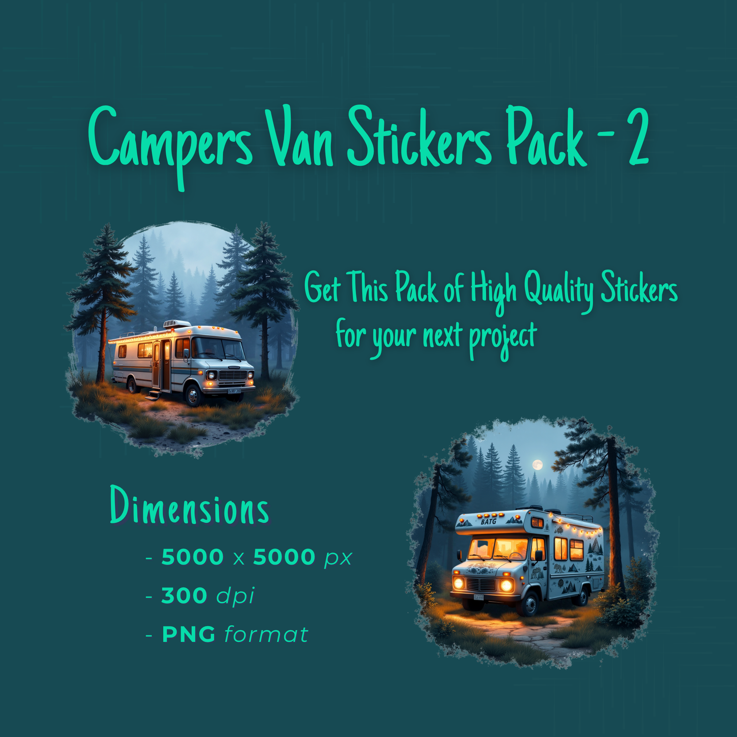 30+ Camper Van Stickers (Pack 2) | Retro Van PNG Bundle | Camping Van Sticker Set | Printable Camping Clipart