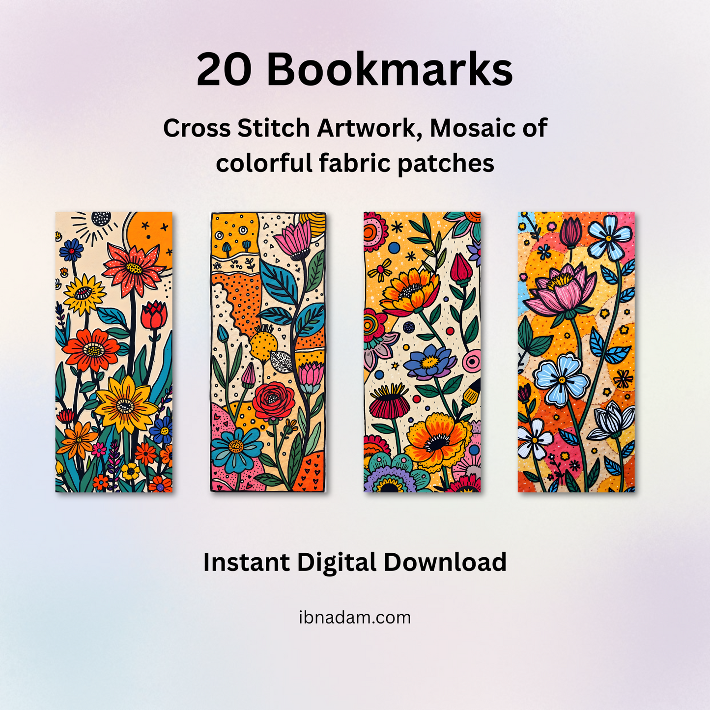 Colorful Cross Stitch Bookmarks – Digital Download Set of 20, Mosaic Fabric Patch Designs, Printable PDF