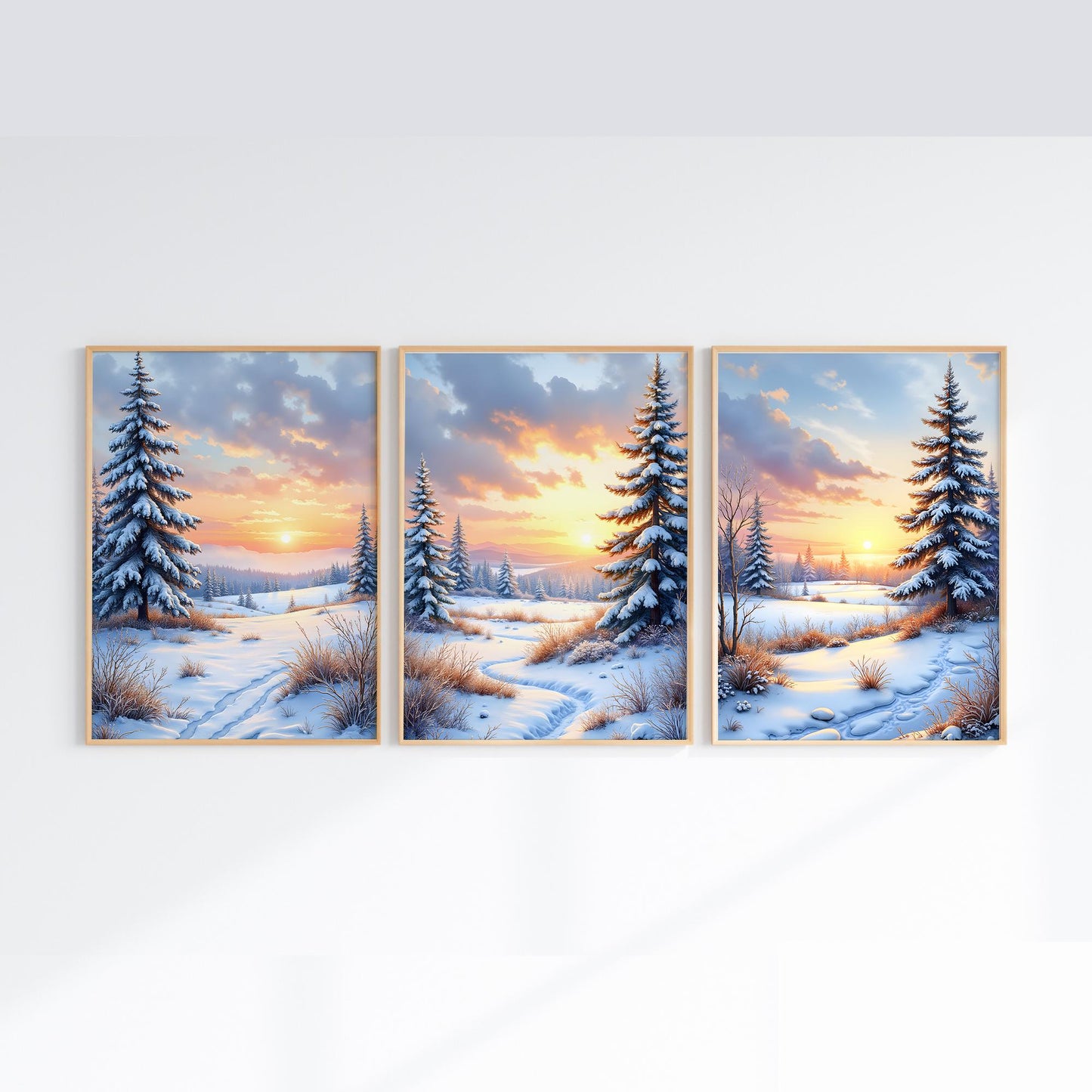 Sunrise Over Snowy Landscape | Winter Morning Digital Wall Art | Printable Nordic Scenery Set of 3