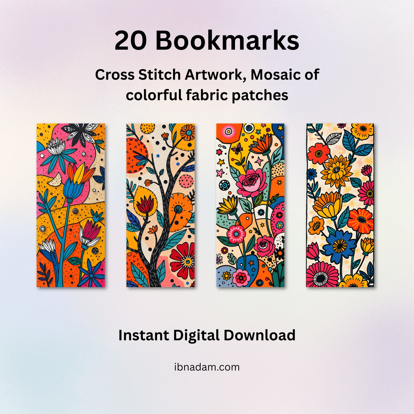 Colorful Cross Stitch Bookmarks – Digital Download Set of 20, Mosaic Fabric Patch Designs, Printable PDF
