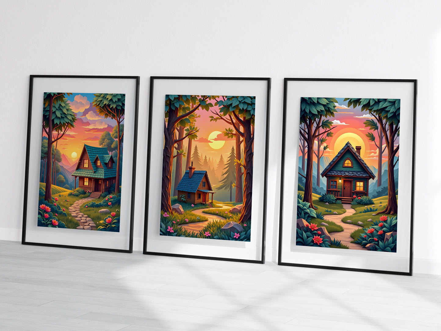 Cottage in Forest Wall Art – Set of 3 Digital Prints, Cozy Nature Landscape, High-Res JPGs for Instant Download