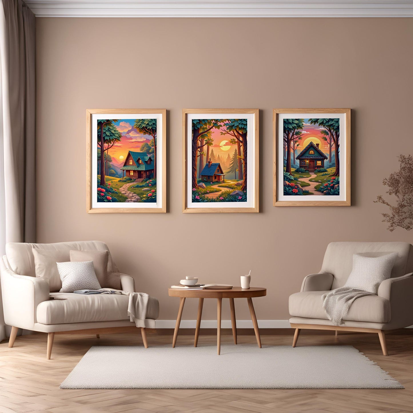 Cottage in Forest Wall Art – Set of 3 Digital Prints, Cozy Nature Landscape, High-Res JPGs for Instant Download