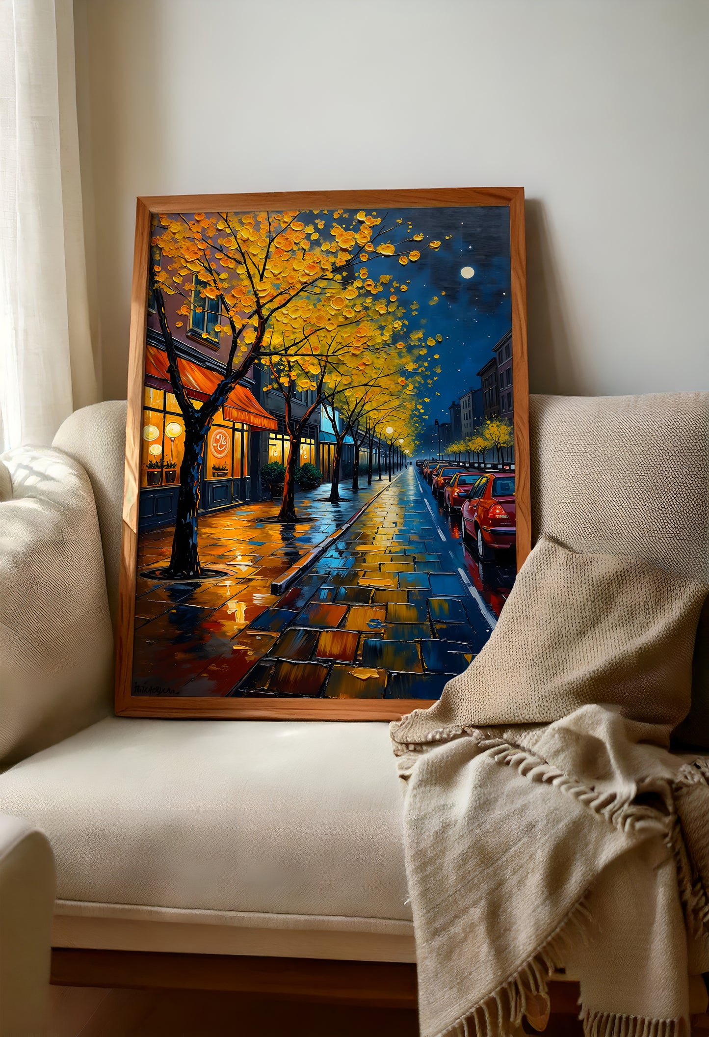 Night Street Wall Art – Digital Oil Painting Set of 3, Rainy Fall Season City Prints, Instant Download