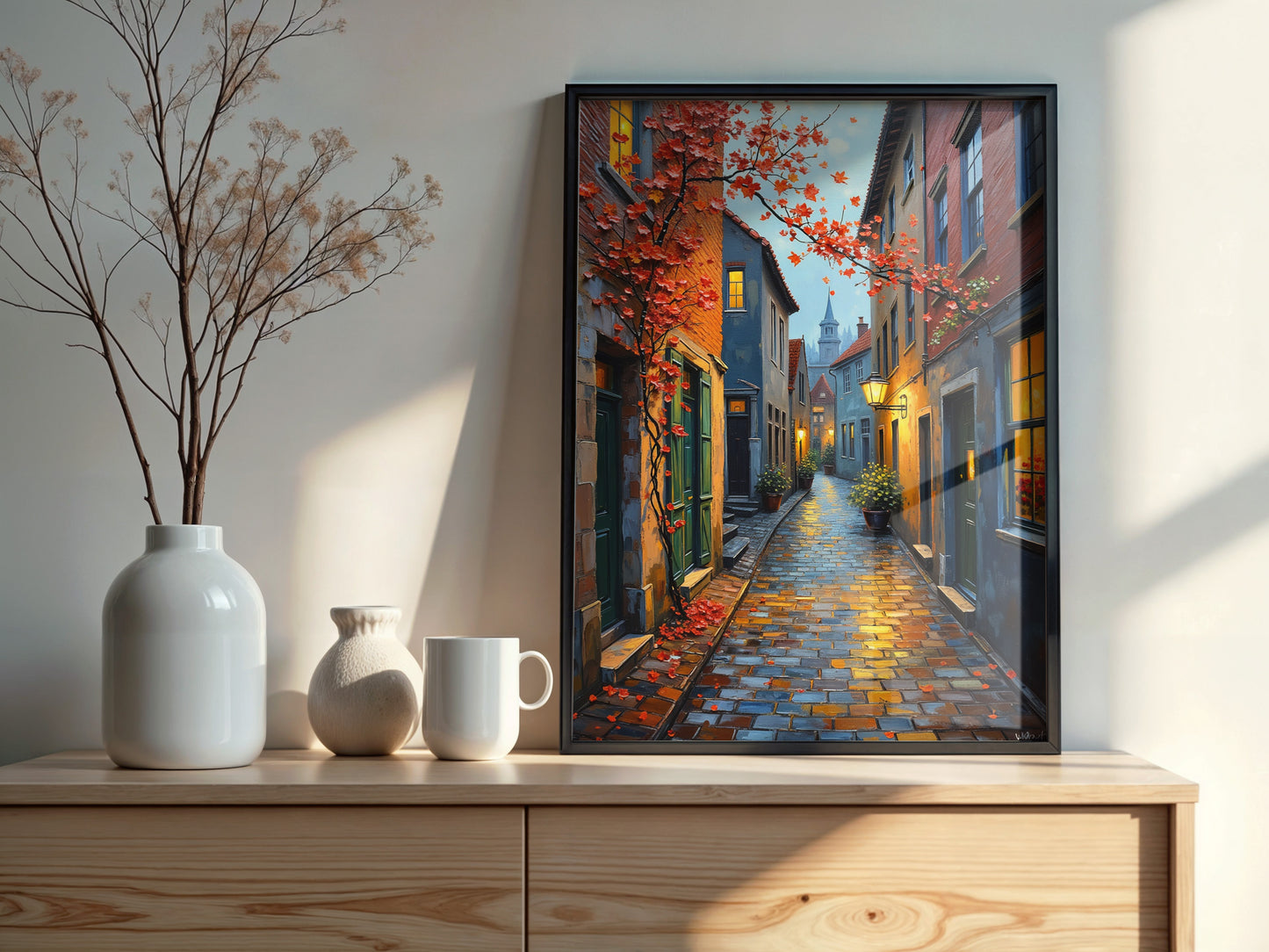 European City Street Art – Digital Oil Painting Set of 3, Fall Cobblestone Alley Prints, Instant Download