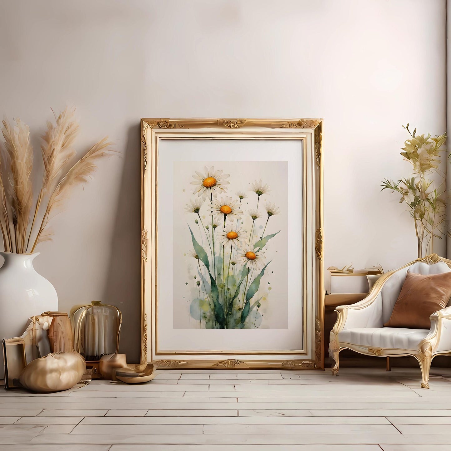Daisies Watercolor Digital Art – Set of 4 Prints in 6 Standard Sizes for Instant Download - Triptych Wall Art