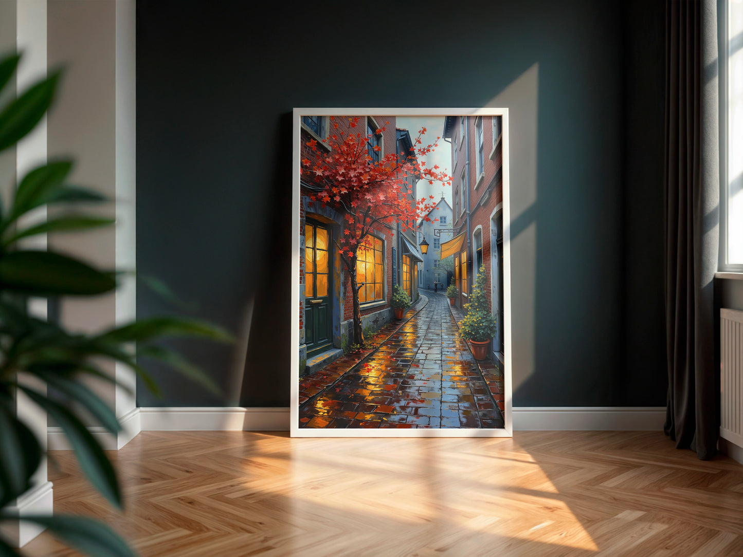 European City Street Art – Digital Oil Painting Set of 3, Fall Cobblestone Alley Prints, Instant Download