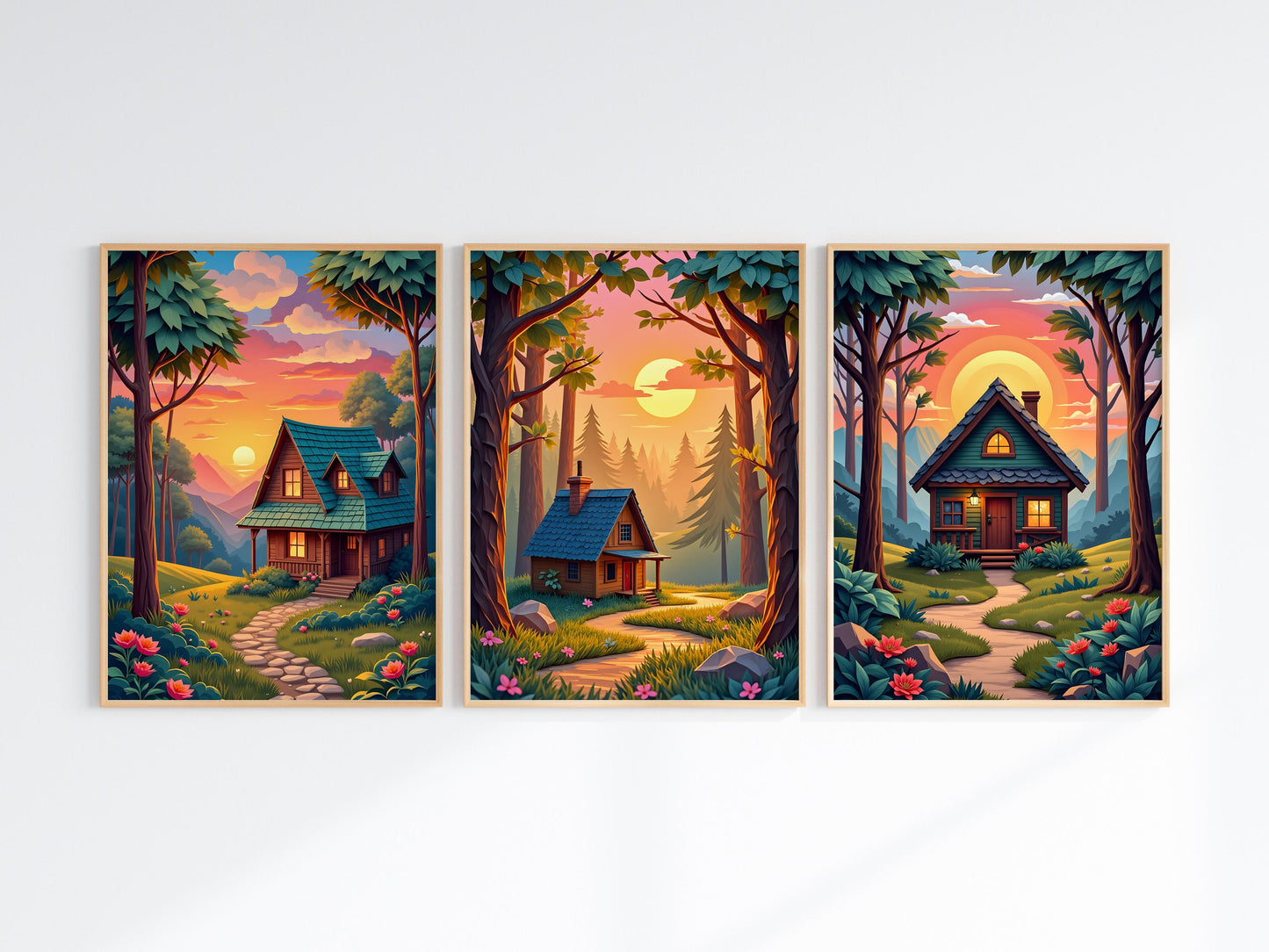 Cottage in Forest Wall Art – Set of 3 Digital Prints, Cozy Nature Landscape, High-Res JPGs for Instant Download