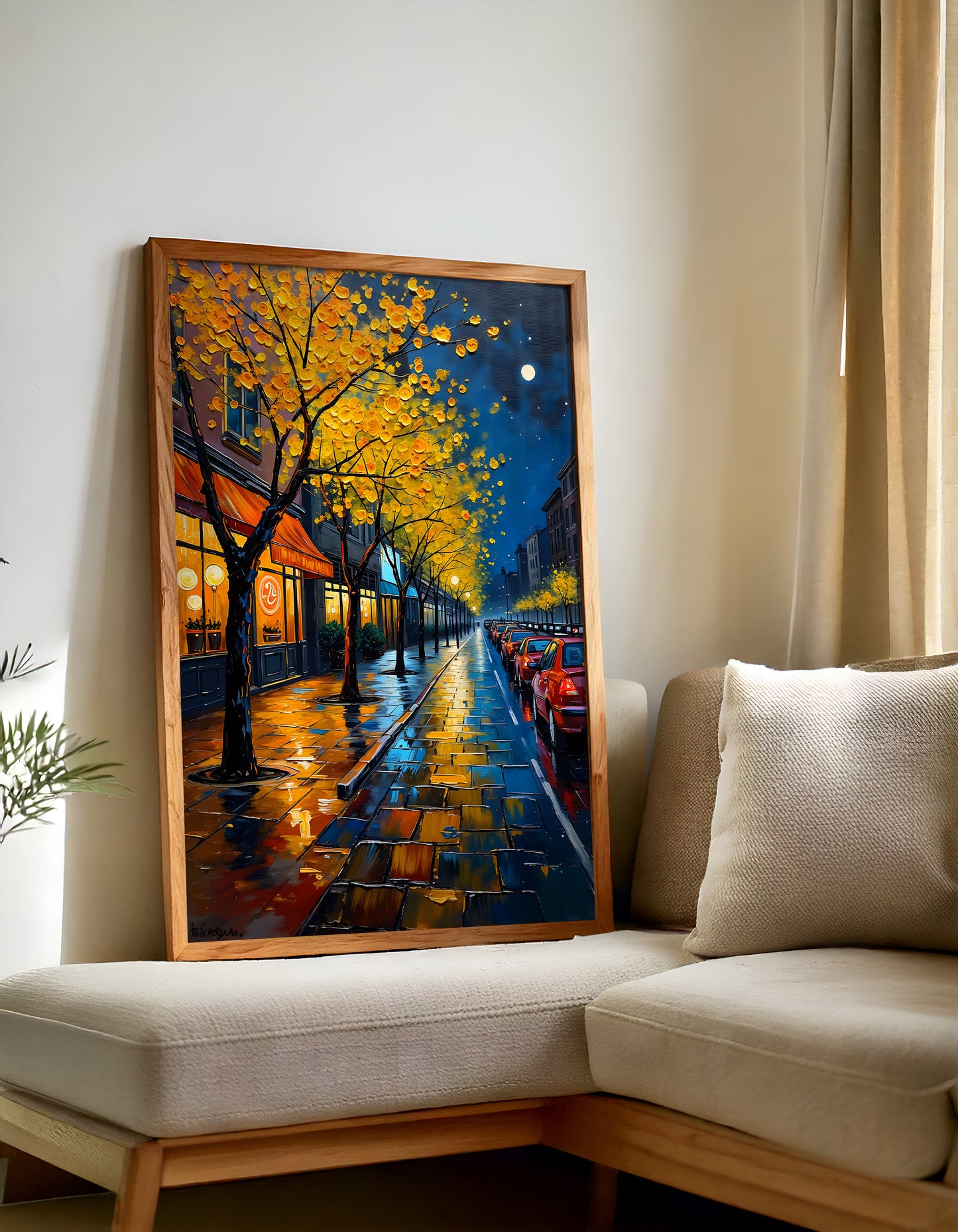 Night Street Wall Art – Digital Oil Painting Set of 3, Rainy Fall Season City Prints, Instant Download