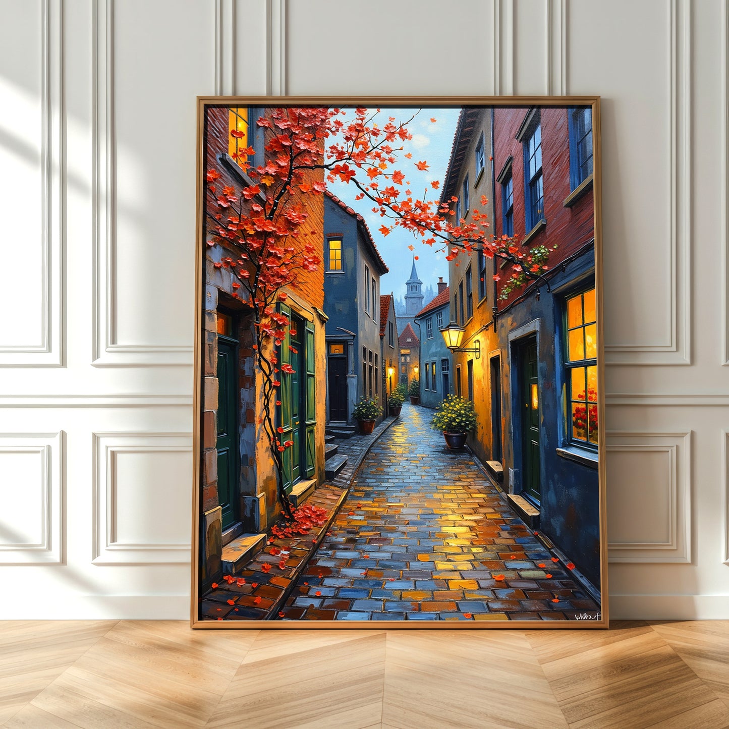 European City Street Art – Digital Oil Painting Set of 3, Fall Cobblestone Alley Prints, Instant Download