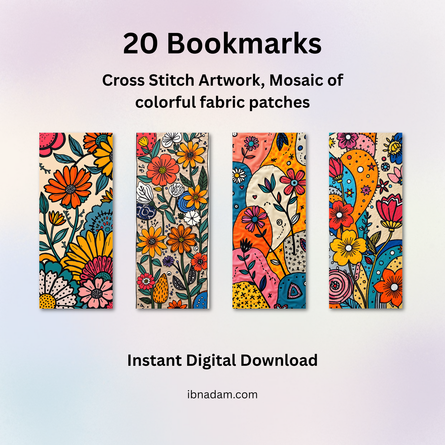 Colorful Cross Stitch Bookmarks – Digital Download Set of 20, Mosaic Fabric Patch Designs, Printable PDF