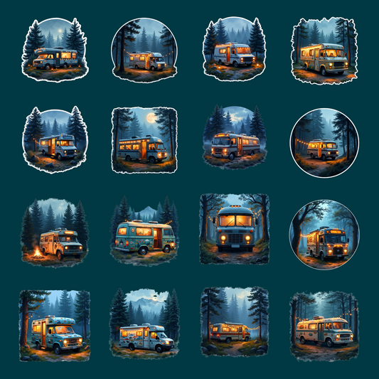 30+ Camper Van Stickers (Pack 2) | Retro Van PNG Bundle | Camping Van Sticker Set | Printable Camping Clipart