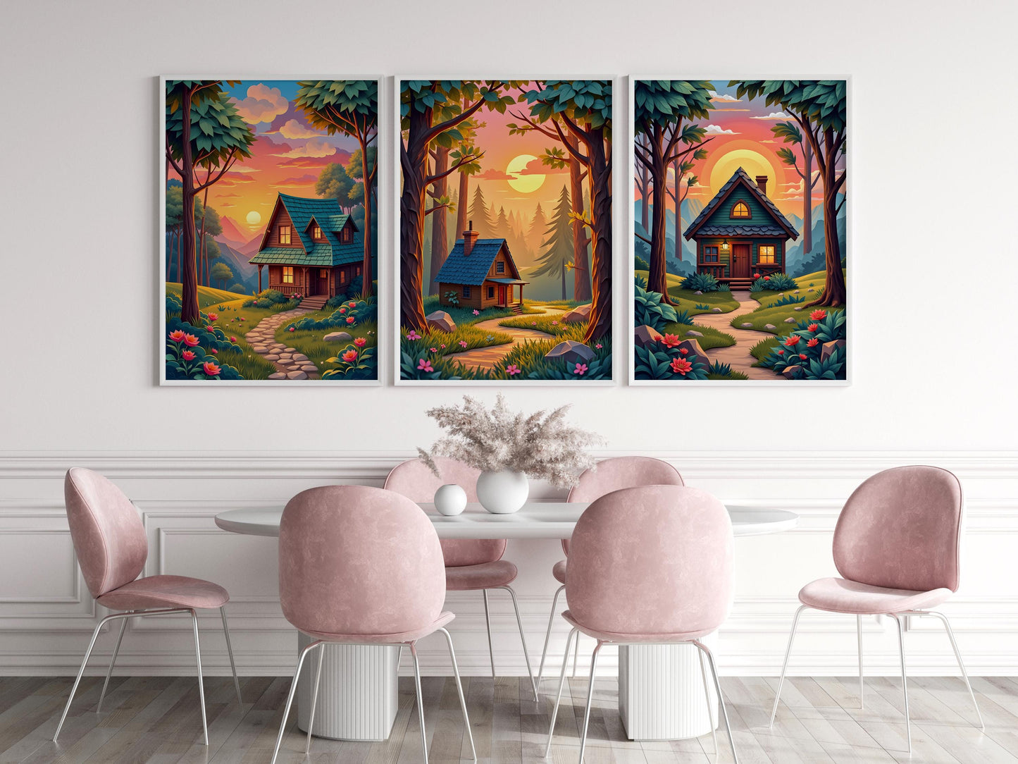 Cottage in Forest Wall Art – Set of 3 Digital Prints, Cozy Nature Landscape, High-Res JPGs for Instant Download