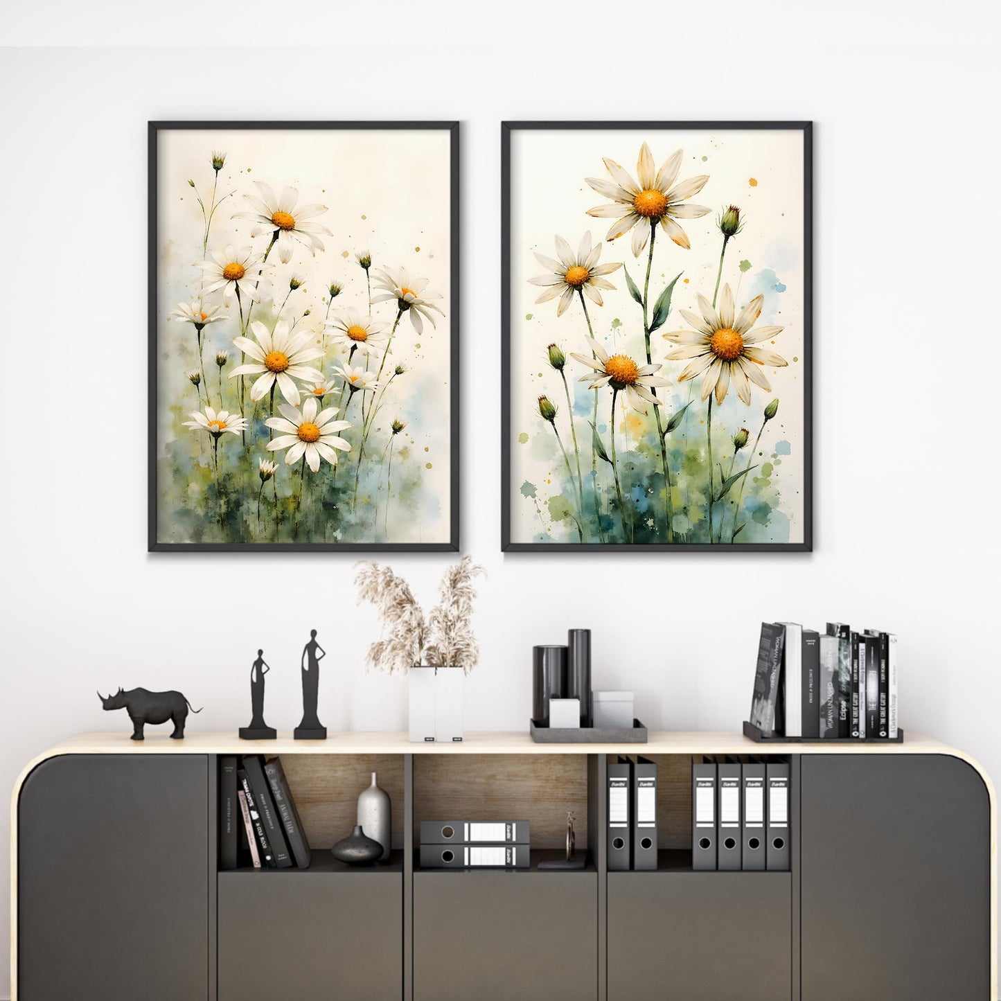 Daisies Watercolor Digital Art – Set of 4 Prints in 6 Standard Sizes for Instant Download - Triptych Wall Art