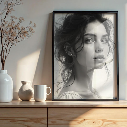 Beautiful Lady Portrait - Black and White | Digital Wall Art | Elegant Female Face | Printable Decor | B&W Aesthetic Art Download
