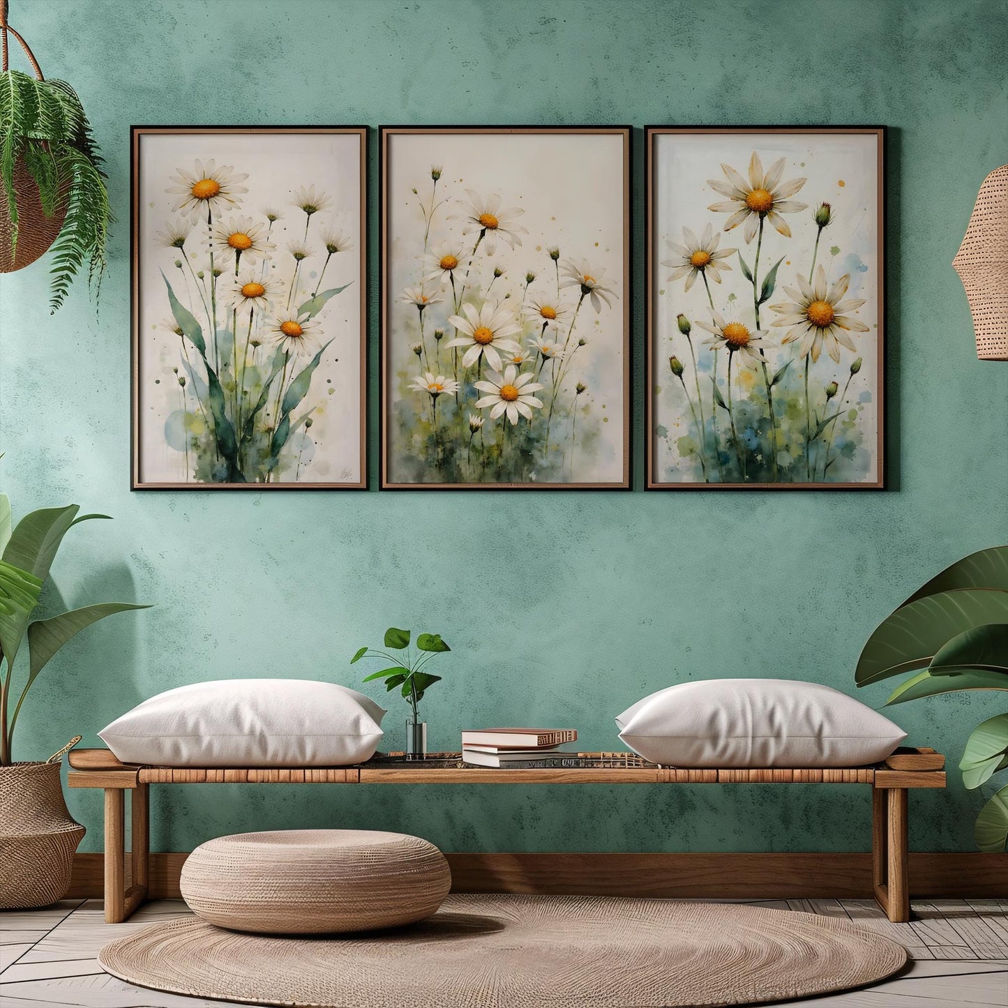 Daisies Watercolor Digital Art – Set of 4 Prints in 6 Standard Sizes for Instant Download - Triptych Wall Art