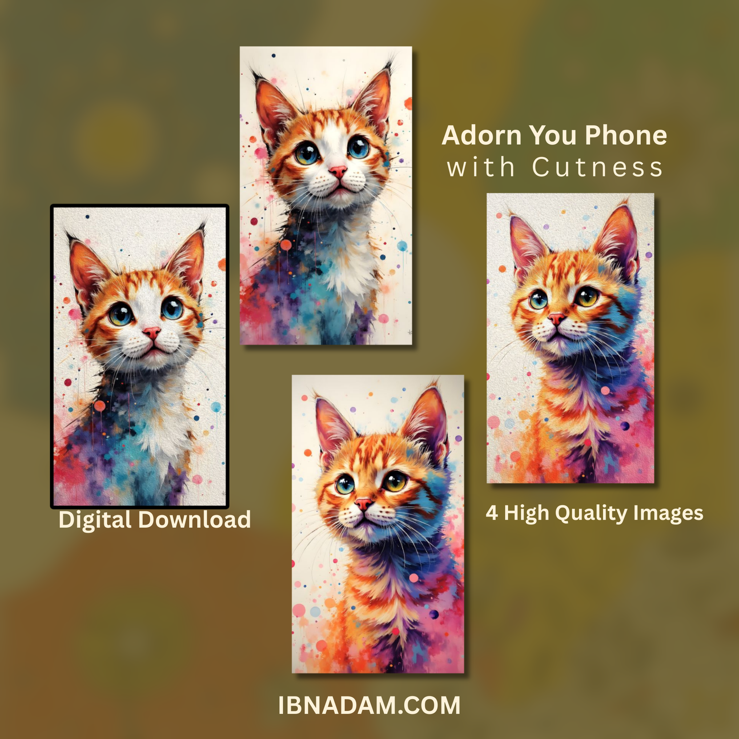 Cute Cat Phone Wallpapers – Watercolor Phone Backgrounds, Digital Download Set of 4