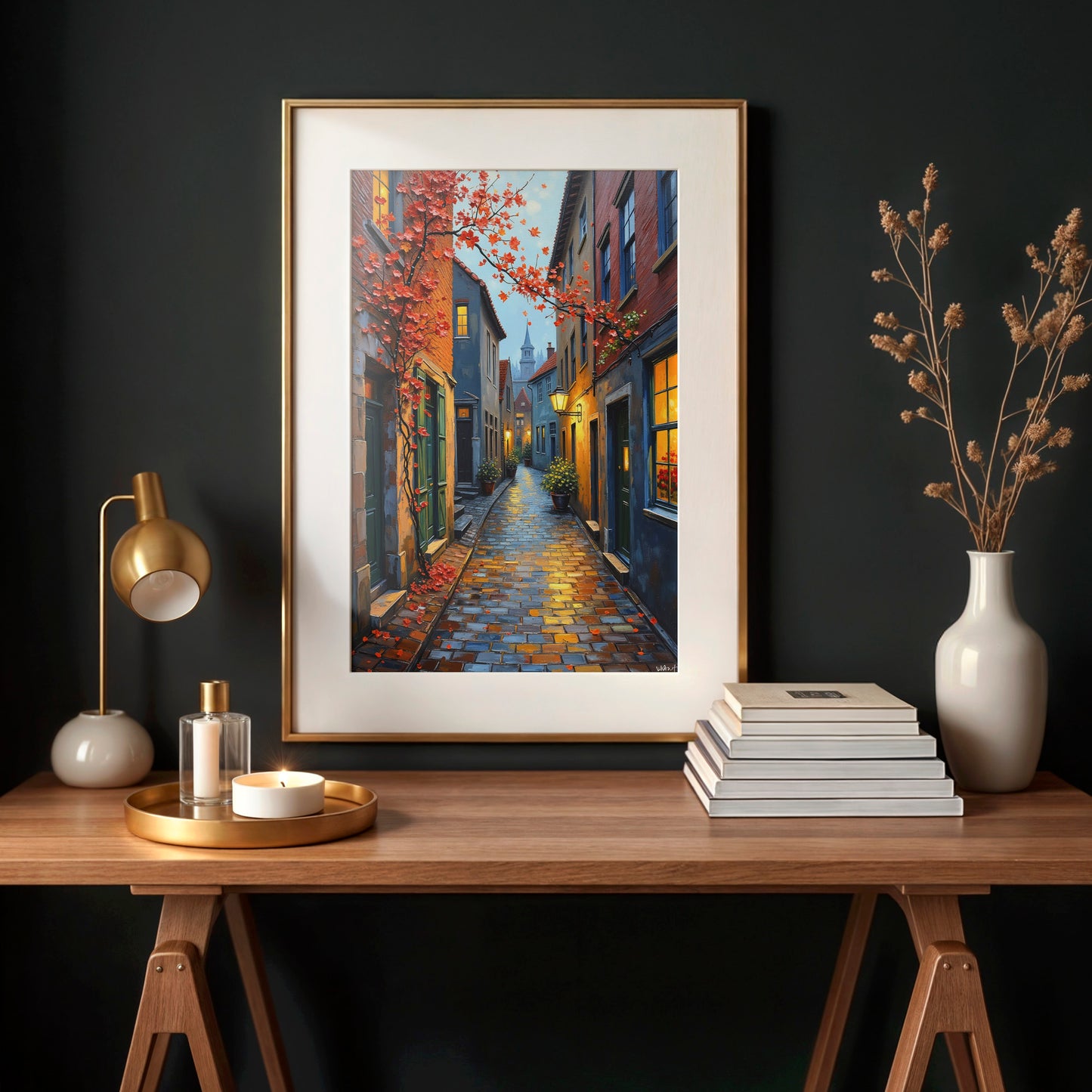European City Street Art – Digital Oil Painting Set of 3, Fall Cobblestone Alley Prints, Instant Download