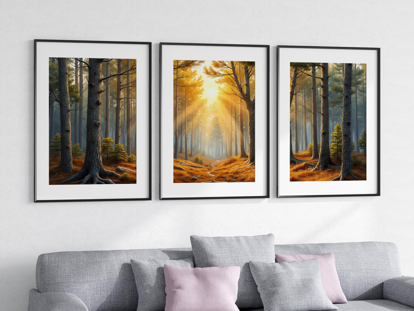 Pine Forest Sunrise Triptych | Surreal Wall Art | Digital Painting Triptych | Elegant & Beautiful Wall Art | Digital Art Download