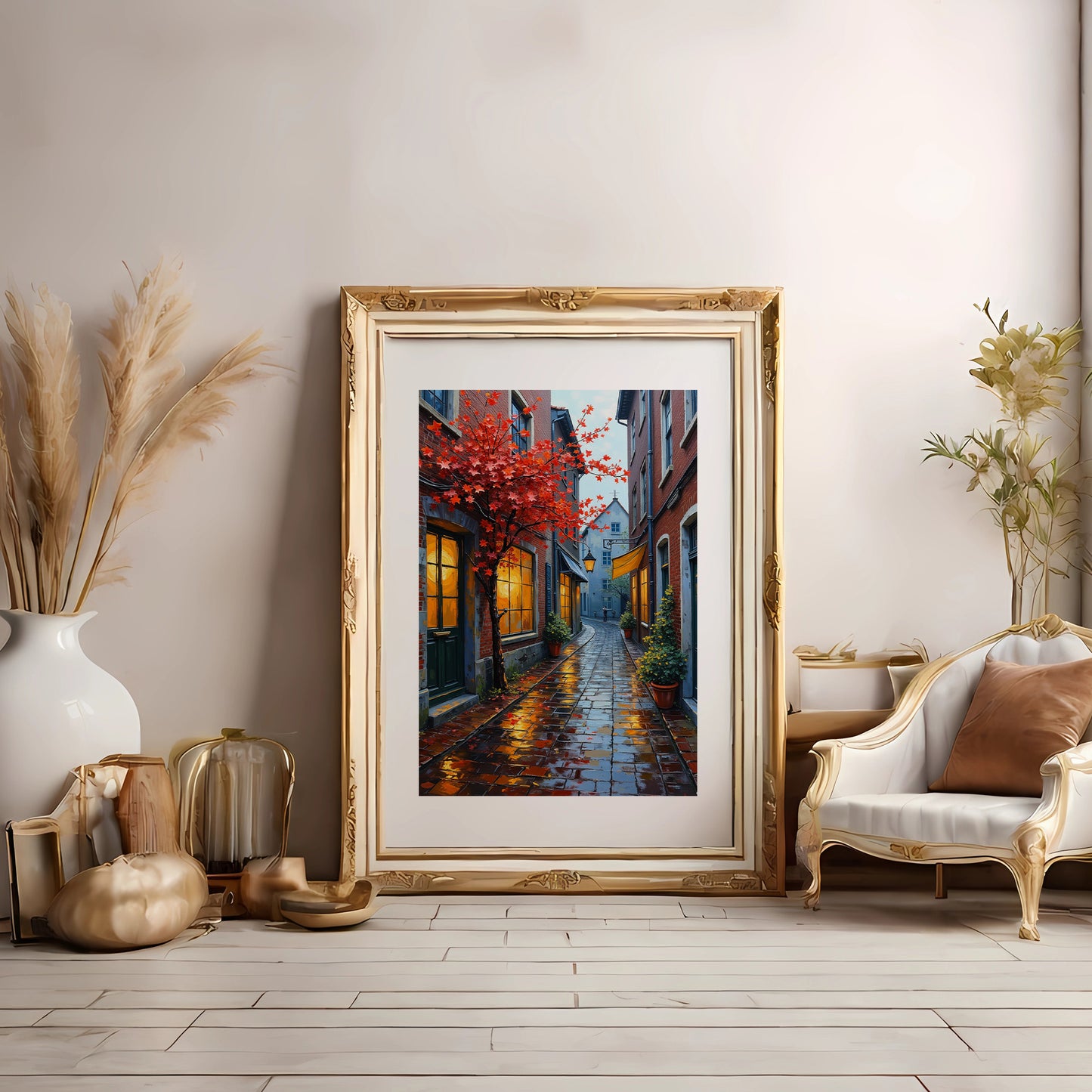European City Street Art – Digital Oil Painting Set of 3, Fall Cobblestone Alley Prints, Instant Download