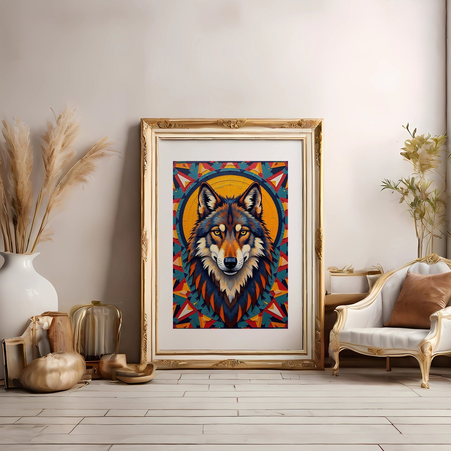 Wolf Geometric Art Print – Navajo-Inspired Wall Art, Bold Vector Design, Digital Download High-Res