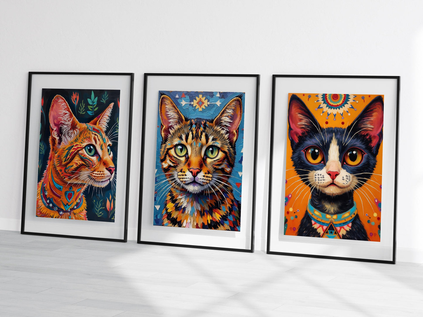 Navajo Cat Art Prints – Digital Wall Art Set of 3, Geometric Pattern Cats, High-Res Printable Decor