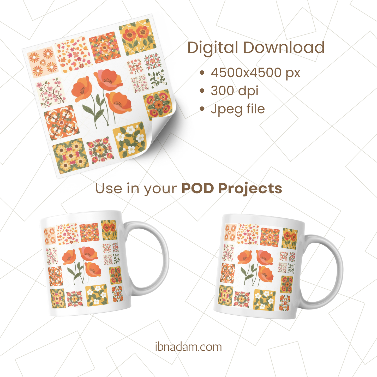 Flower Grid Digital Download | Modern Floral Wall Art | Seamless Pattern for Wallpaper, Crafts & Prints