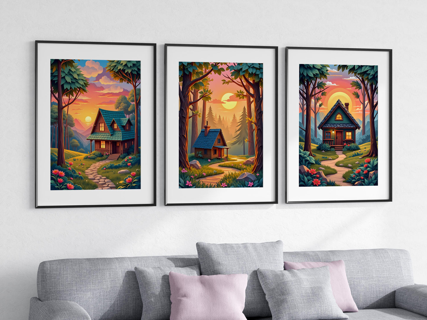 Cottage in Forest Wall Art – Set of 3 Digital Prints, Cozy Nature Landscape, High-Res JPGs for Instant Download