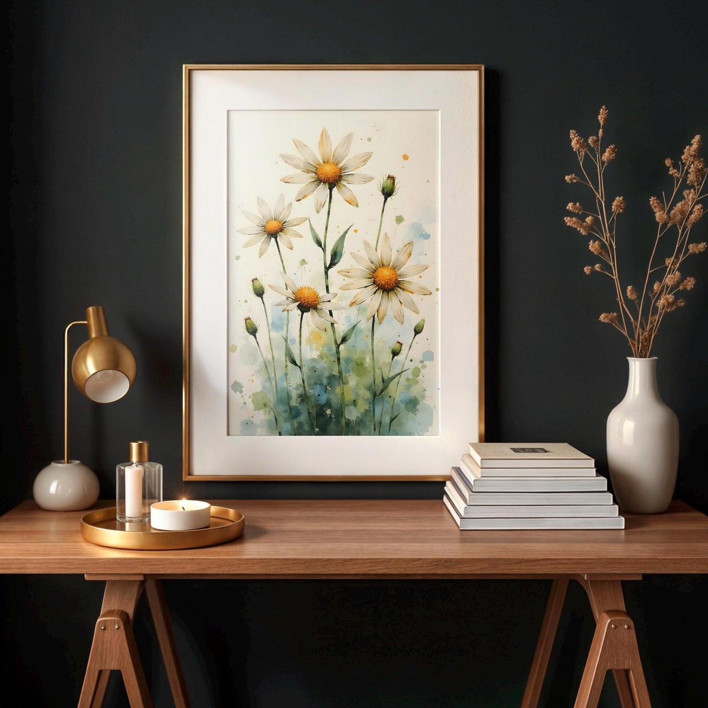 Daisies Watercolor Digital Art – Set of 4 Prints in 6 Standard Sizes for Instant Download - Triptych Wall Art