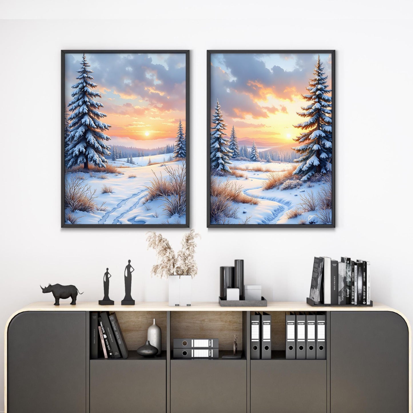 Sunrise Over Snowy Landscape | Winter Morning Digital Wall Art | Printable Nordic Scenery Set of 3