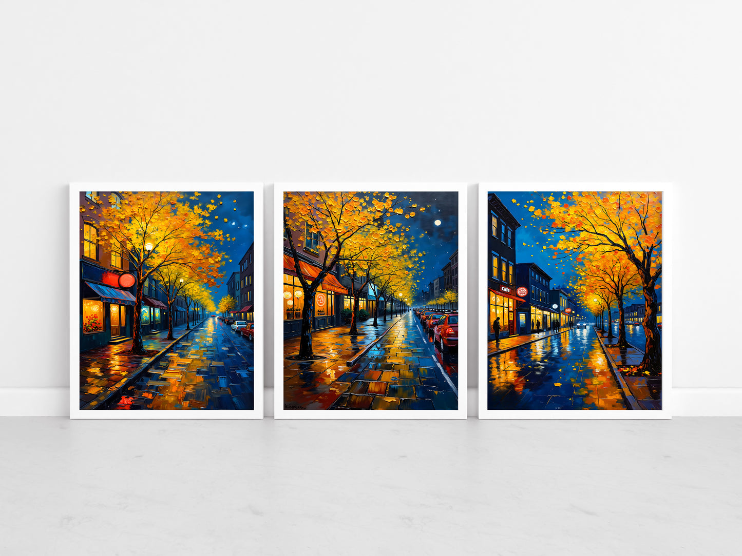 Night Street Wall Art – Digital Oil Painting Set of 3, Rainy Fall Season City Prints, Instant Download