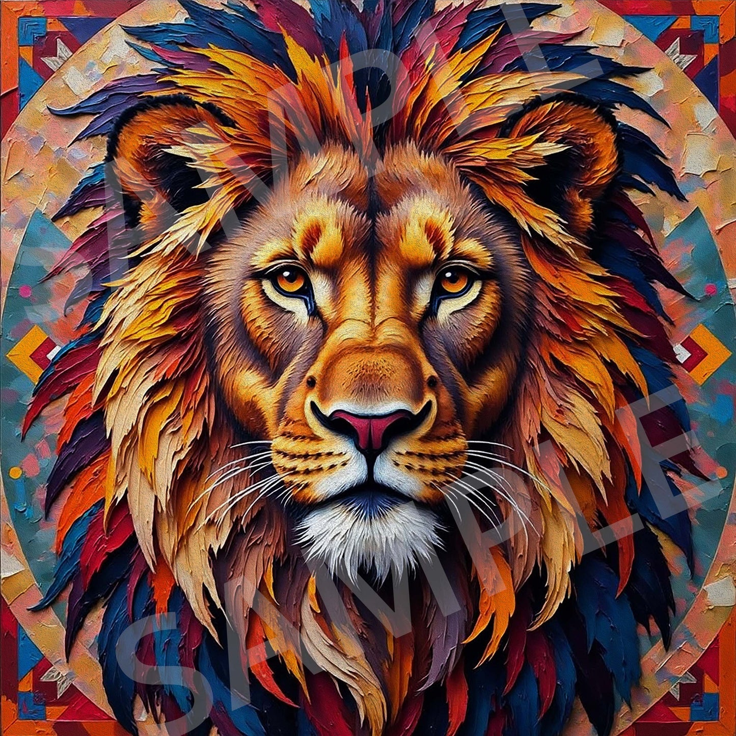Lion Face Digital Art – "FEARLESS" Typography | Navajo Geometric Pattern | High-Res 1:1 JPEG