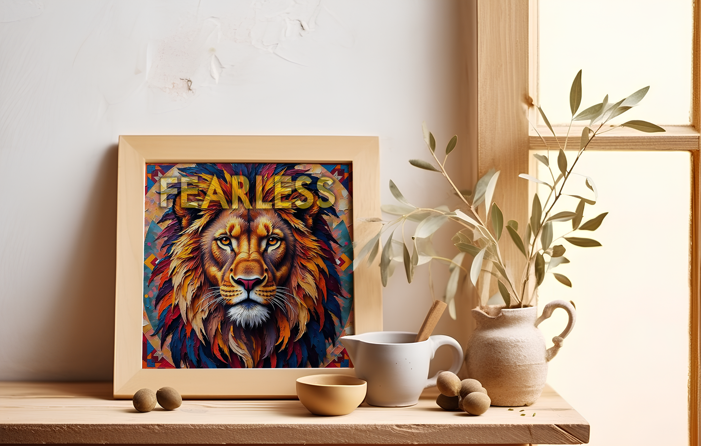 Lion Face Digital Art – "FEARLESS" Typography | Navajo Geometric Pattern | High-Res 1:1 JPEG