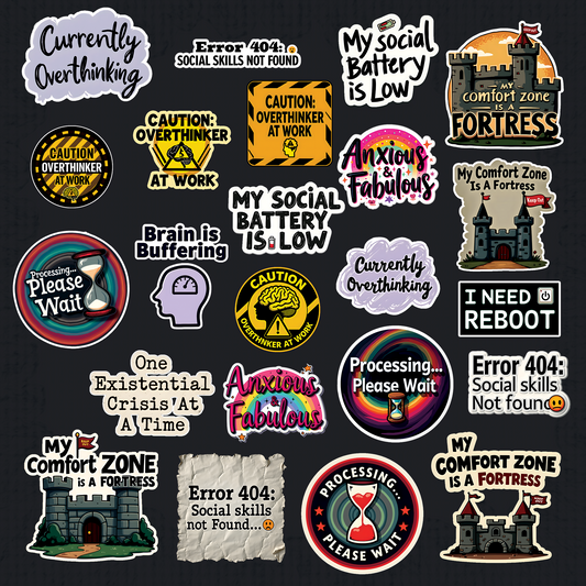 Anxious Overthinker Stickers Pack • 50+ PNGs • Transparent Background • Digital Art Download + Bonus 2026 Puppies Calendar