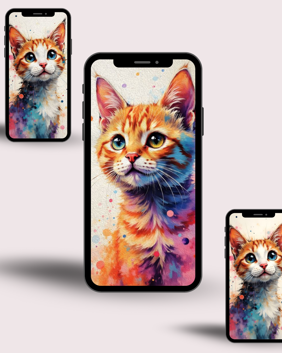 Cute Cat Phone Wallpapers – Watercolor Phone Backgrounds, Digital Download Set of 4