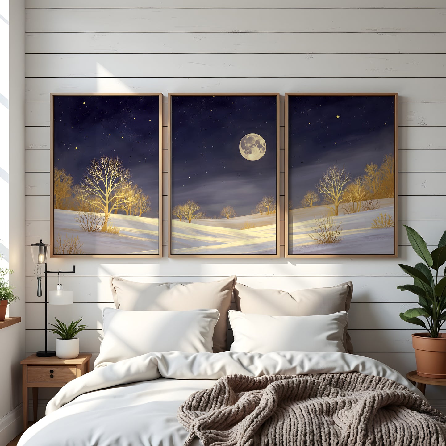 Golden Moonlight Triptych Wall Art: Modern 3 Panel Wall Prints (Digital Download)