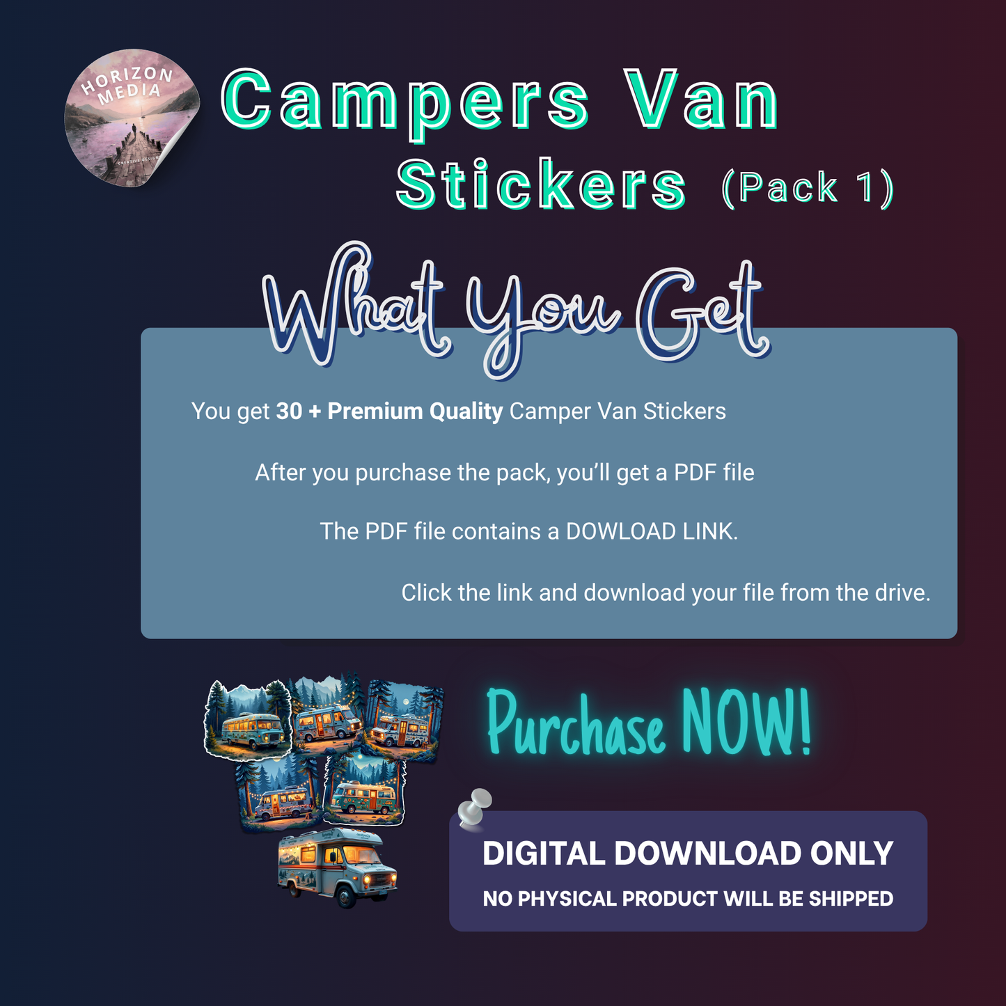 30+ Camper Van Stickers (Pack 1) | Retro Van PNG Bundle | High Quality Sticker Set | Printable Camping Clipart