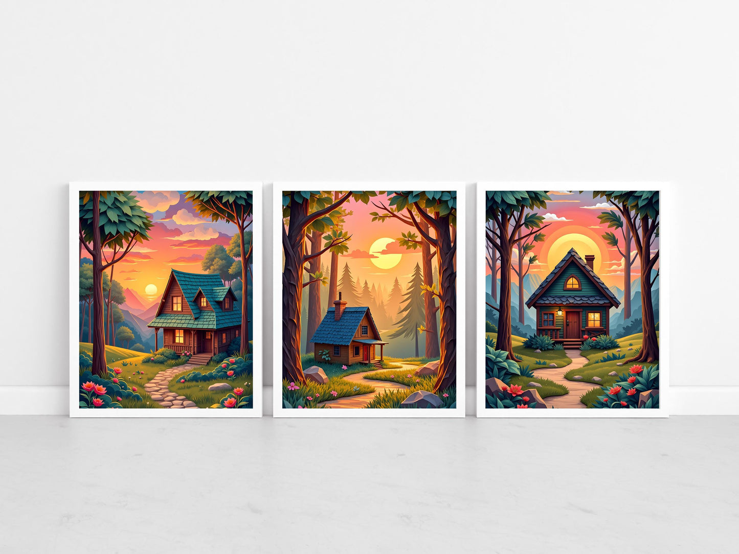 Cottage in Forest Wall Art – Set of 3 Digital Prints, Cozy Nature Landscape, High-Res JPGs for Instant Download