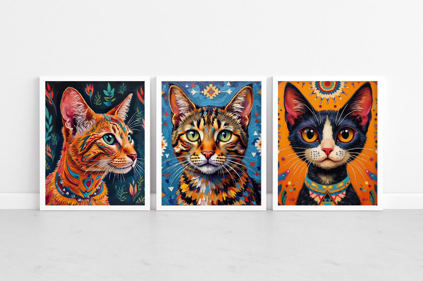 Navajo Cat Art Prints – Digital Wall Art Set of 3, Geometric Pattern Cats, High-Res Printable Decor