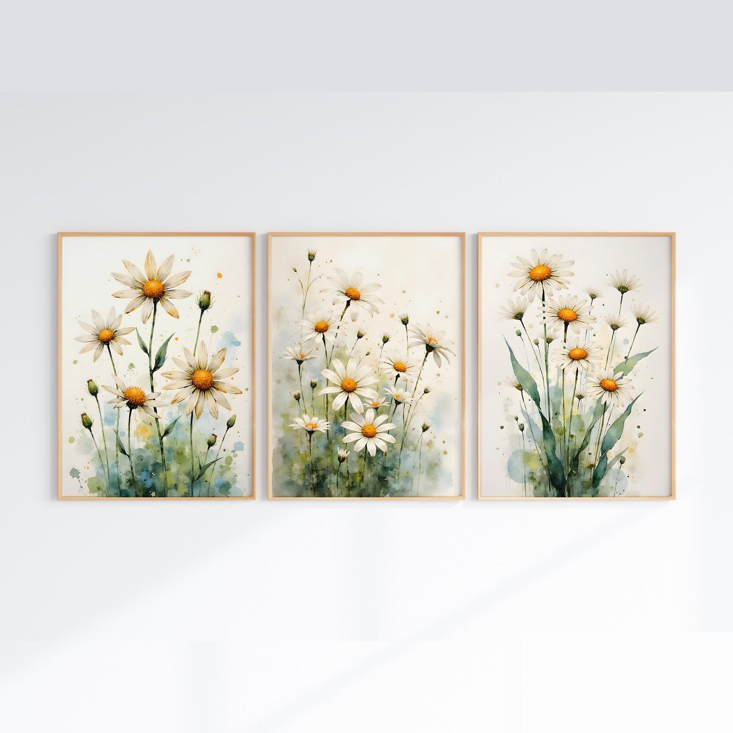 Daisies Watercolor Digital Art – Set of 4 Prints in 6 Standard Sizes for Instant Download - Triptych Wall Art