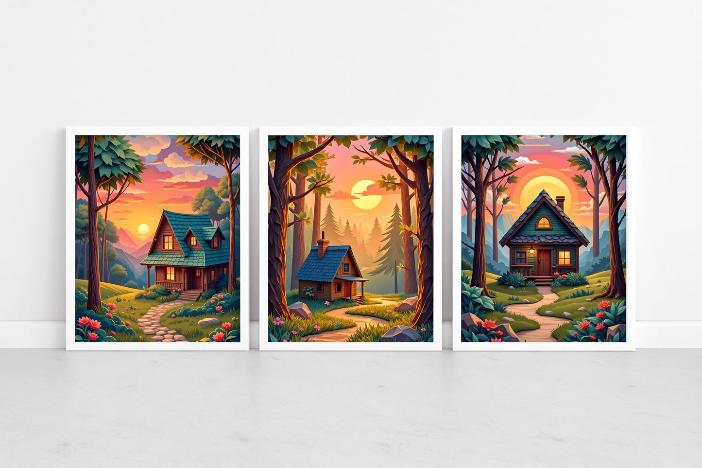 Cottage in Forest Wall Art – Set of 3 Digital Prints, Cozy Nature Landscape, High-Res JPGs for Instant Download