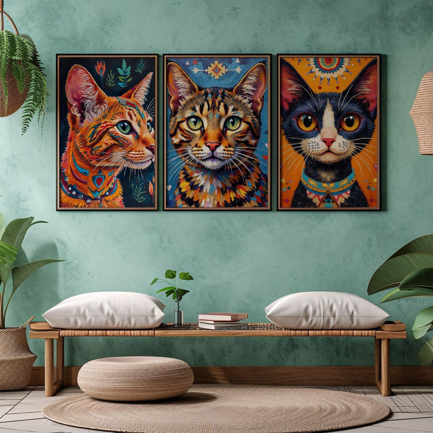 Navajo Cat Art Prints – Digital Wall Art Set of 3, Geometric Pattern Cats, High-Res Printable Decor